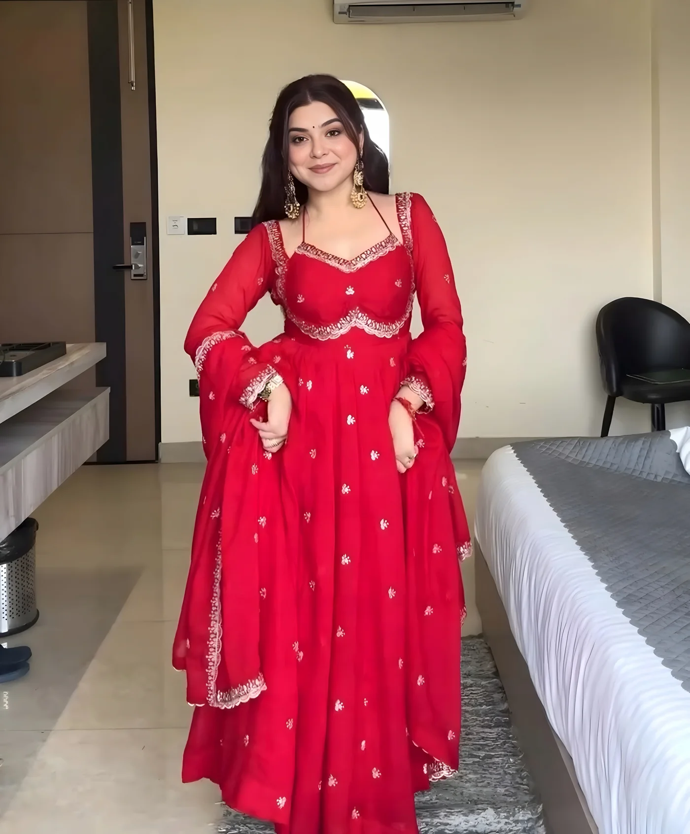 Classic Pink Red Anarkali Suit Set Karva Chauth Special Ethnic Wear for Women