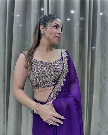 Purple Georgette Sequence work & Fancy Lace Border Saree