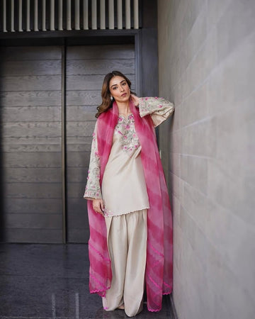 Twirl in elegance Exclusive Farsi Salwar Suit In French Crape Fabric Top, Pant And Dupatta