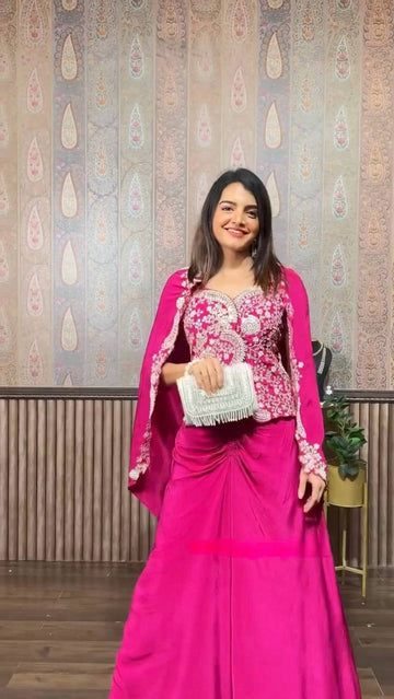 Citrus Pink Draped Skirt with Embroidered Koti