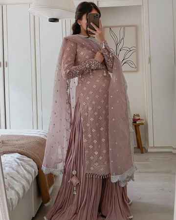Mulmul Luxe Georgette Satin Lamhe Lilac Kurta with Dupatta Set