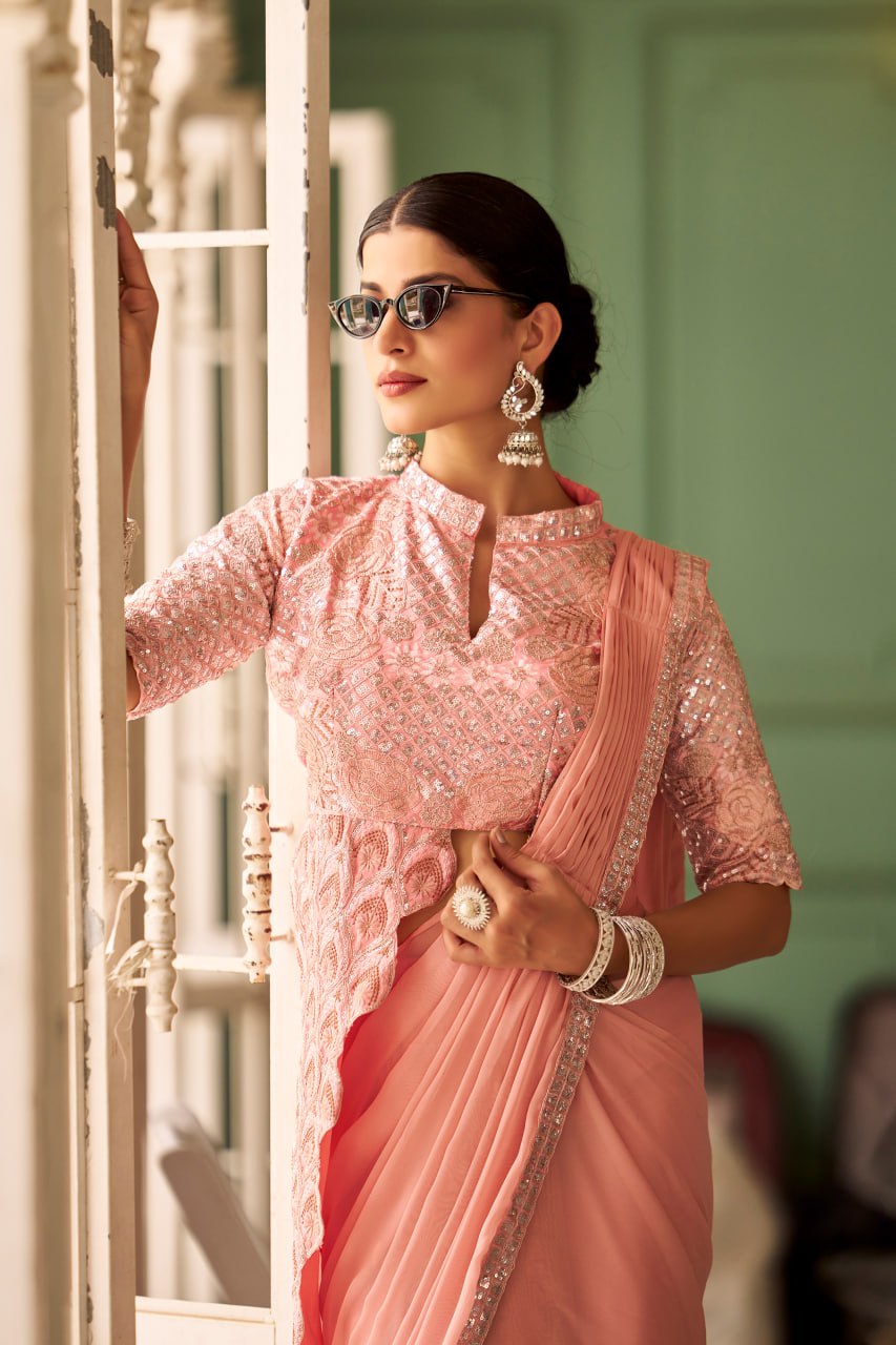 Model wearing Mallow Mauve Ready-to-Wear Saree with embroidered details