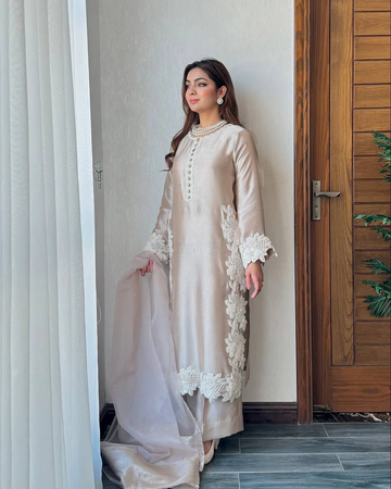 Designer Ivory Silk Top & Palazzo Set with Dupatta