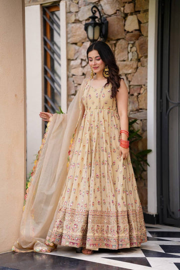 Elegant Beige Anarkali Set with Dupatta – Festive & Wedding Wear