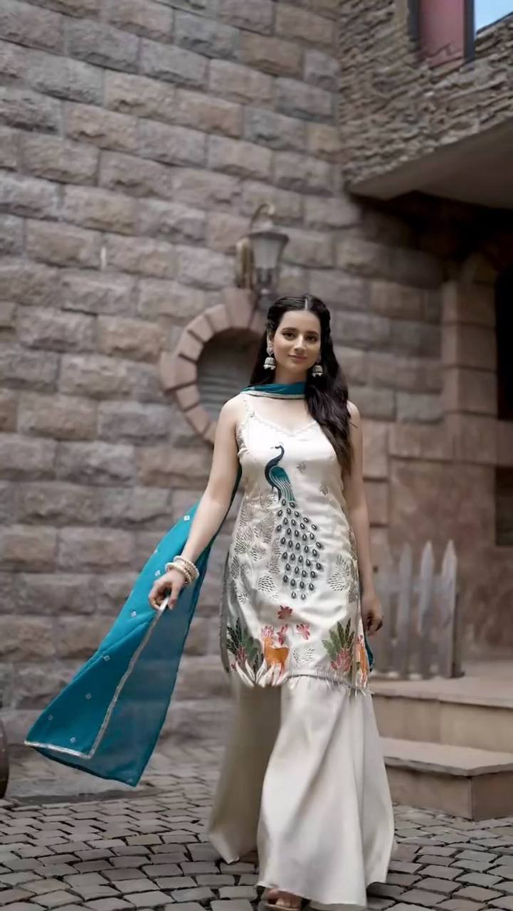 Peacock Grace Ensemble Kurti Set Flared Palazzo and Teal Blue Dupatta