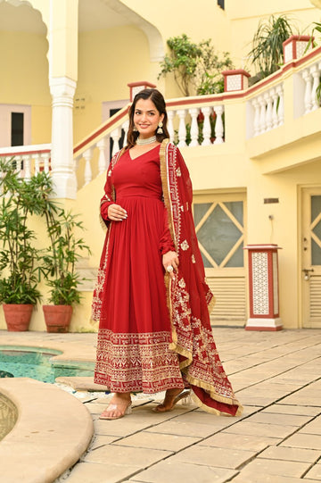Regal Red Anarkali Gown With Traditional Embroidered Dupatta