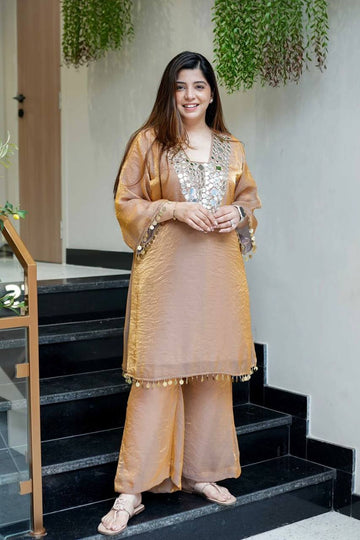 Exclusive Mirror Work Plazzo Pair | Fendy Fabric Embroidered Top & Plazzo Set
