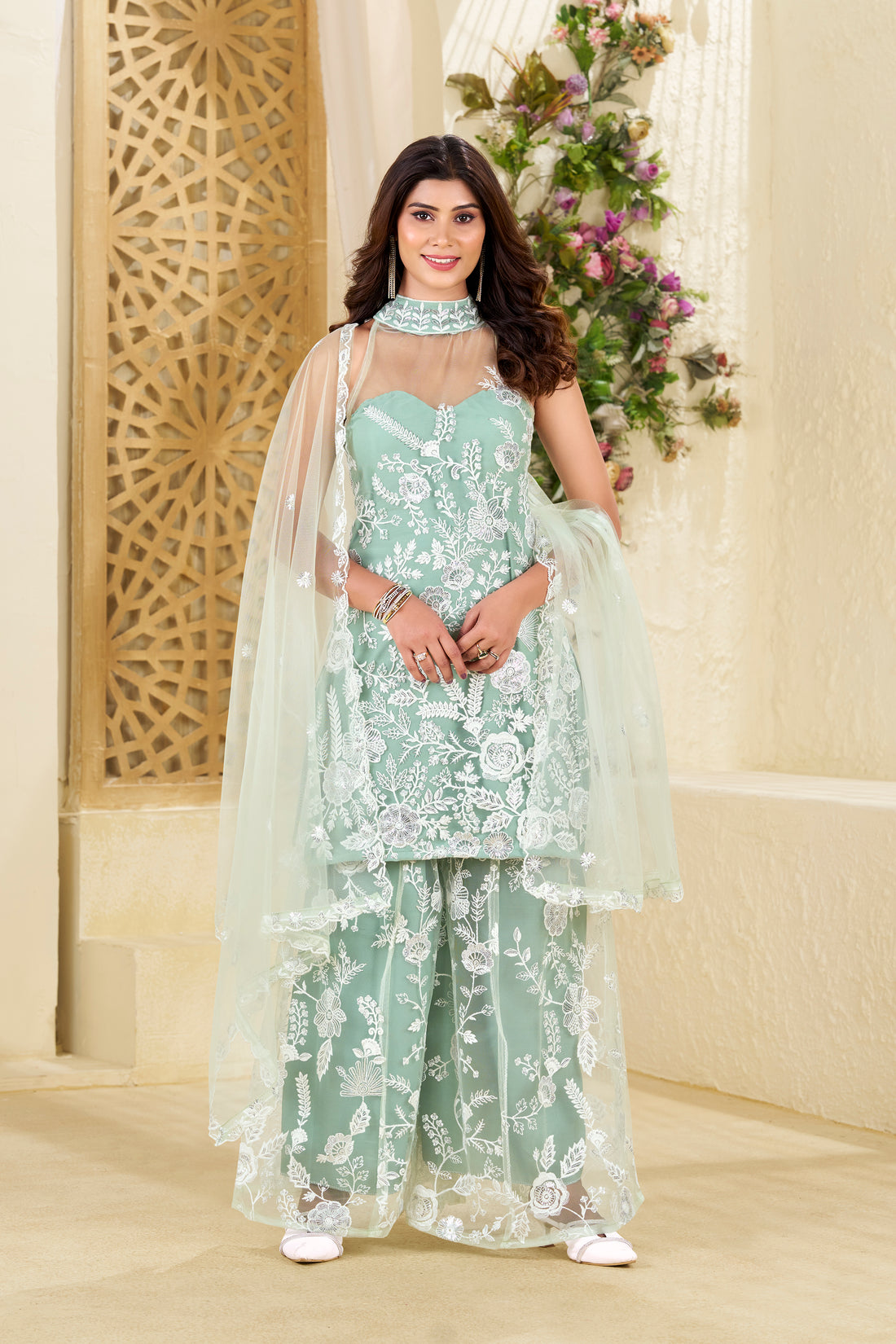 A-Symetrical Light Green Colour Butterfly Net Top With Embellishment Plazzo & Dupatta