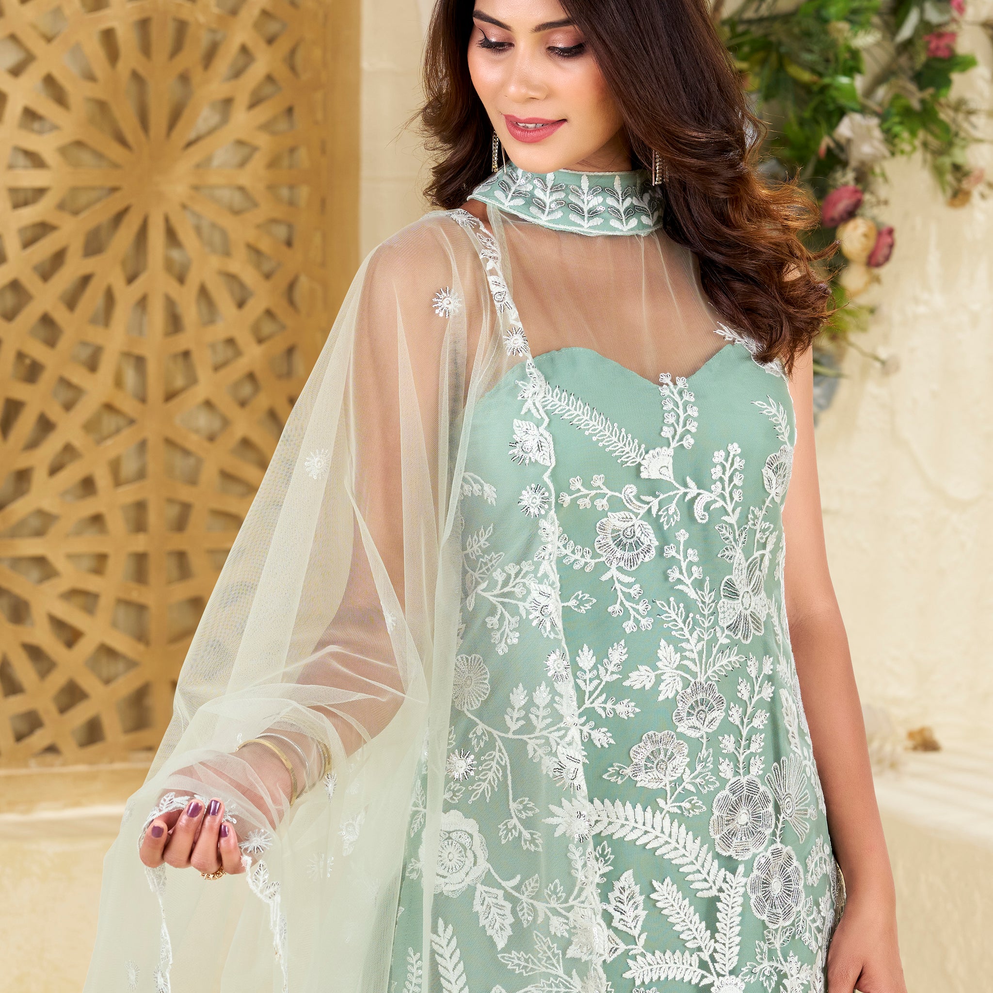 A-Symetrical Light Green Colour Butterfly Net Top With Embellishment Plazzo & Dupatta