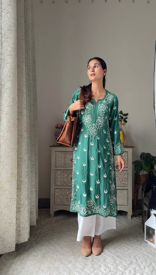 Graceful Green Floral Kurti with White Pants