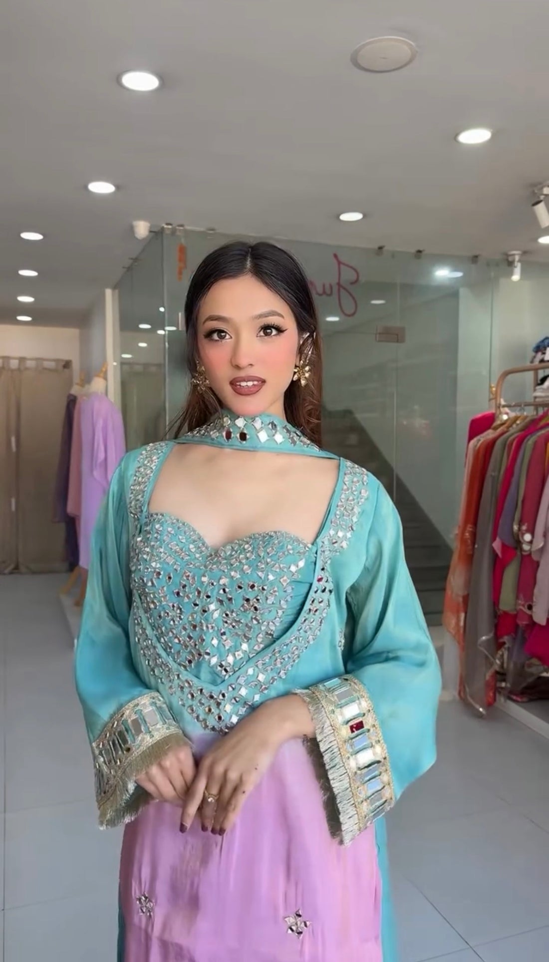 Stylish Chinon MirrorGlow Mirror Work Palazzo Suit Collection