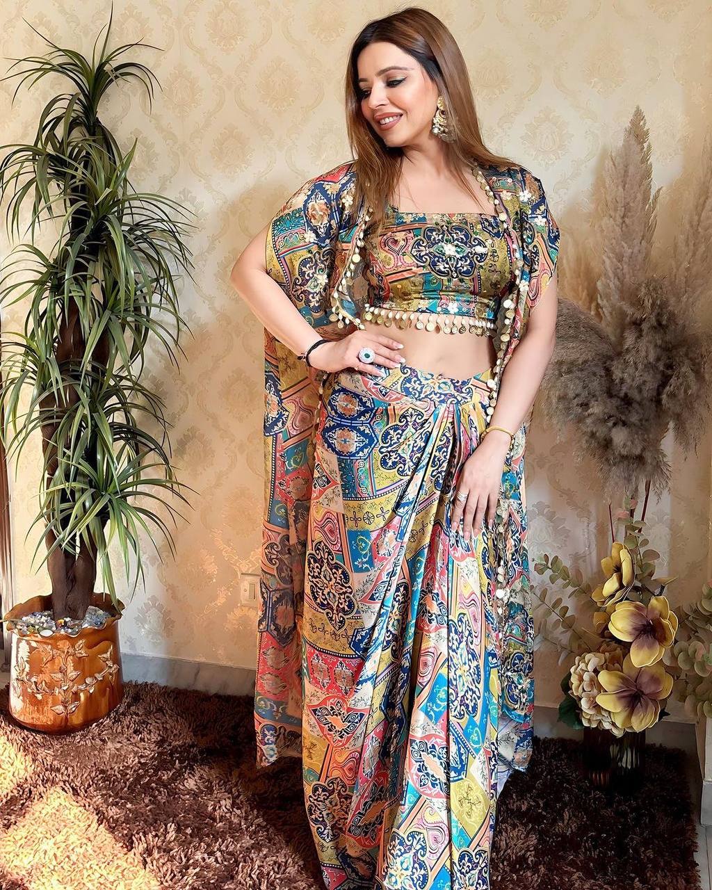 Shop the Designer Western Style Creap Silk Koti with Blouse & Bottom set, featuring intricate lace print work, perfect for weddings and festive occasions. Free shipping available.

