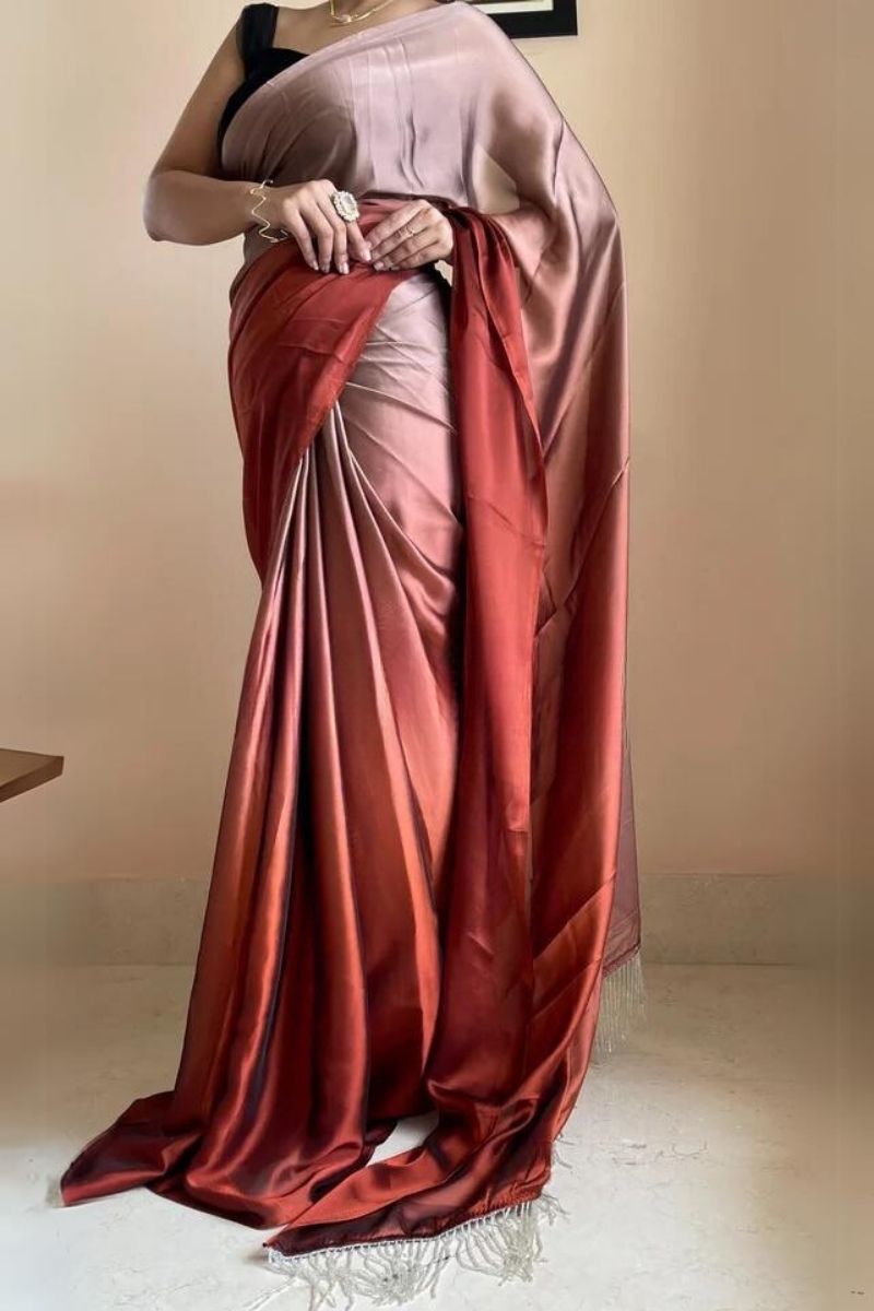 1-MIN READY TO WEAR  Espresso Martini Ombré Georgette Saree with Handmade Tassels on Pallu