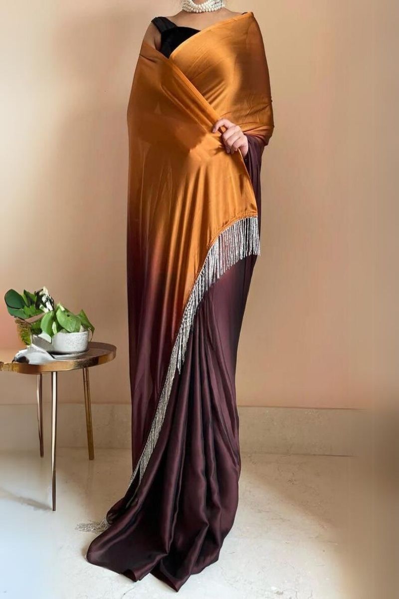 1-MIN READY TO WEAR  Summer Sands Ombré Georgette Saree with Handmade Tassels on Pallu