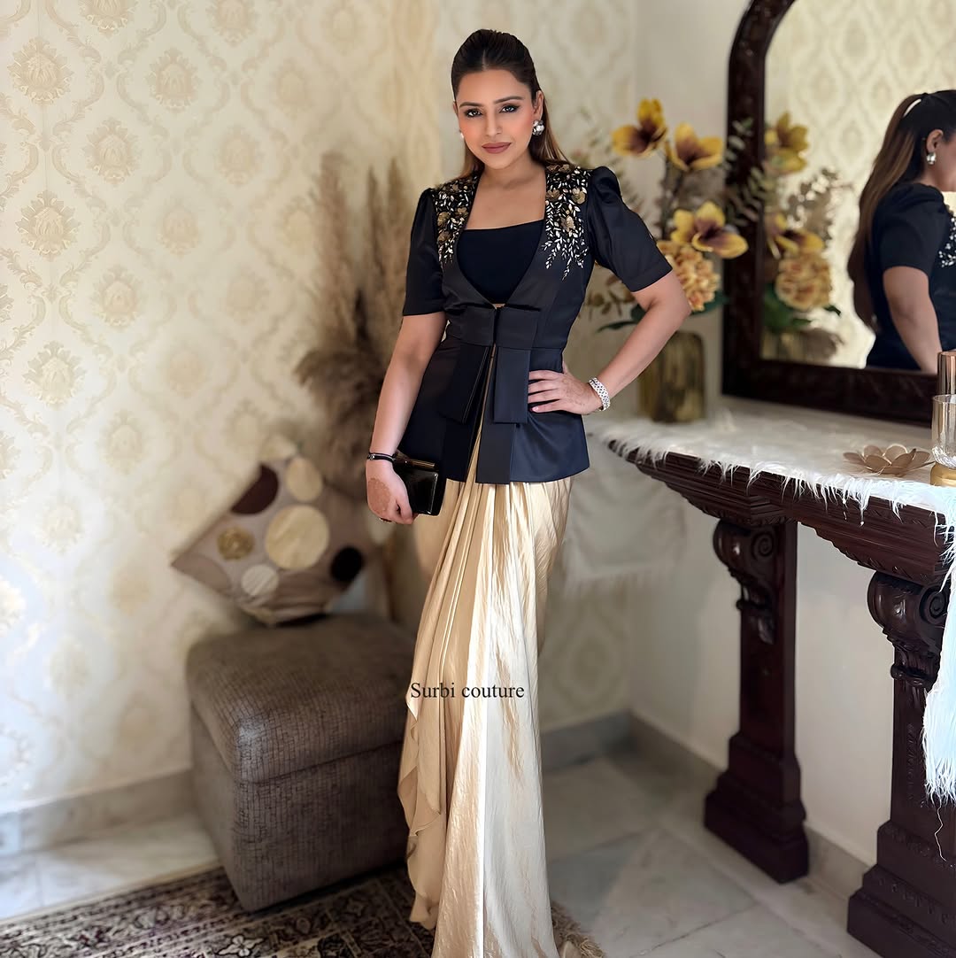 Elegant Black Embroidered Blazer Jacket with Dhoti Skirt – Party Wear Set