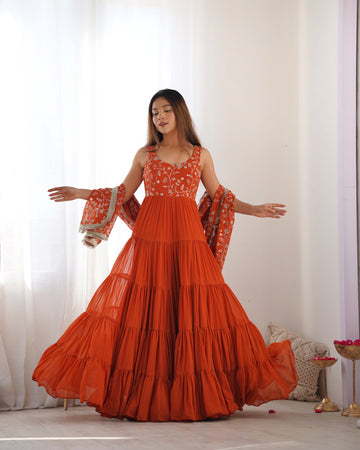 Classic Soft Fox Georgette Anarkali Suit Set With Huge Flair, Dupatta & Pant
