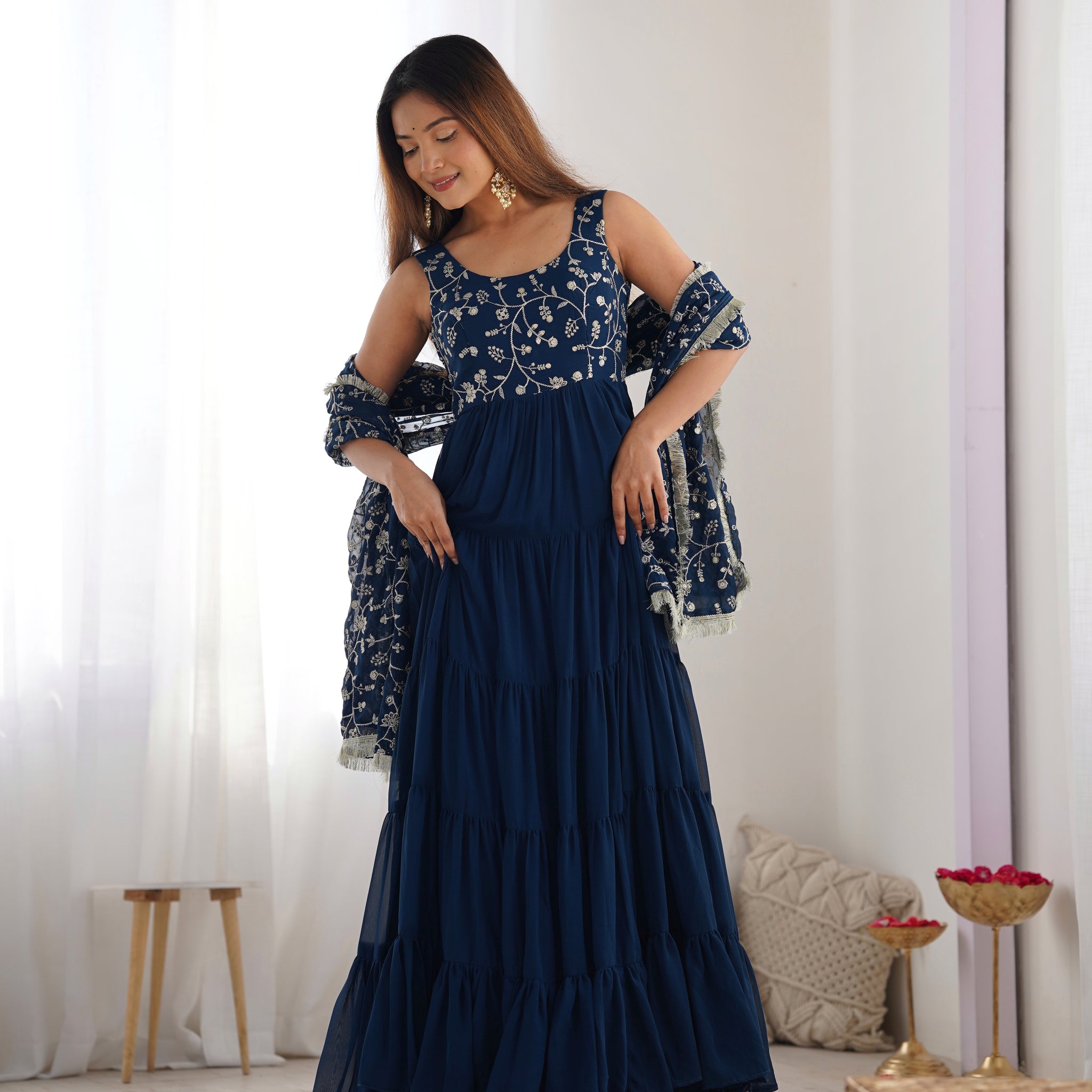 Excellent Soft Fox Georgette Anarkali Suit Set With Huge Flair, Dupatta & Pant