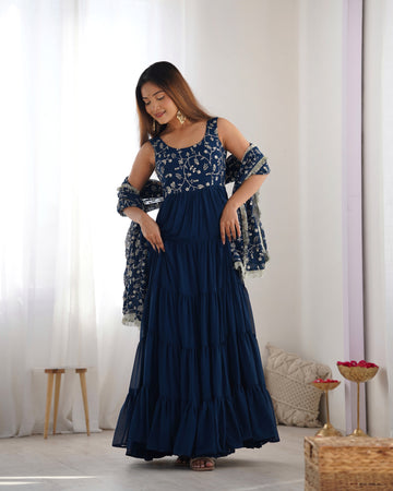 Excellent Soft Fox Georgette Anarkali Suit Set With Huge Flair, Dupatta & Pant