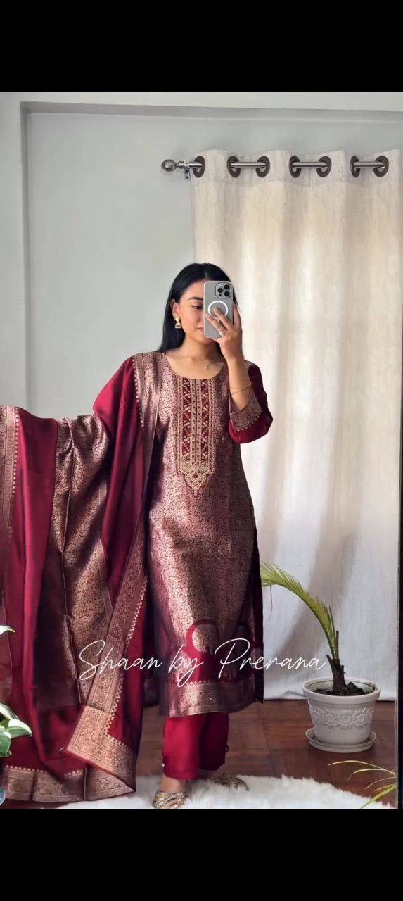 Pure Banarasi Asopalav Suit Set with Jacquard Weaving and Dupatta