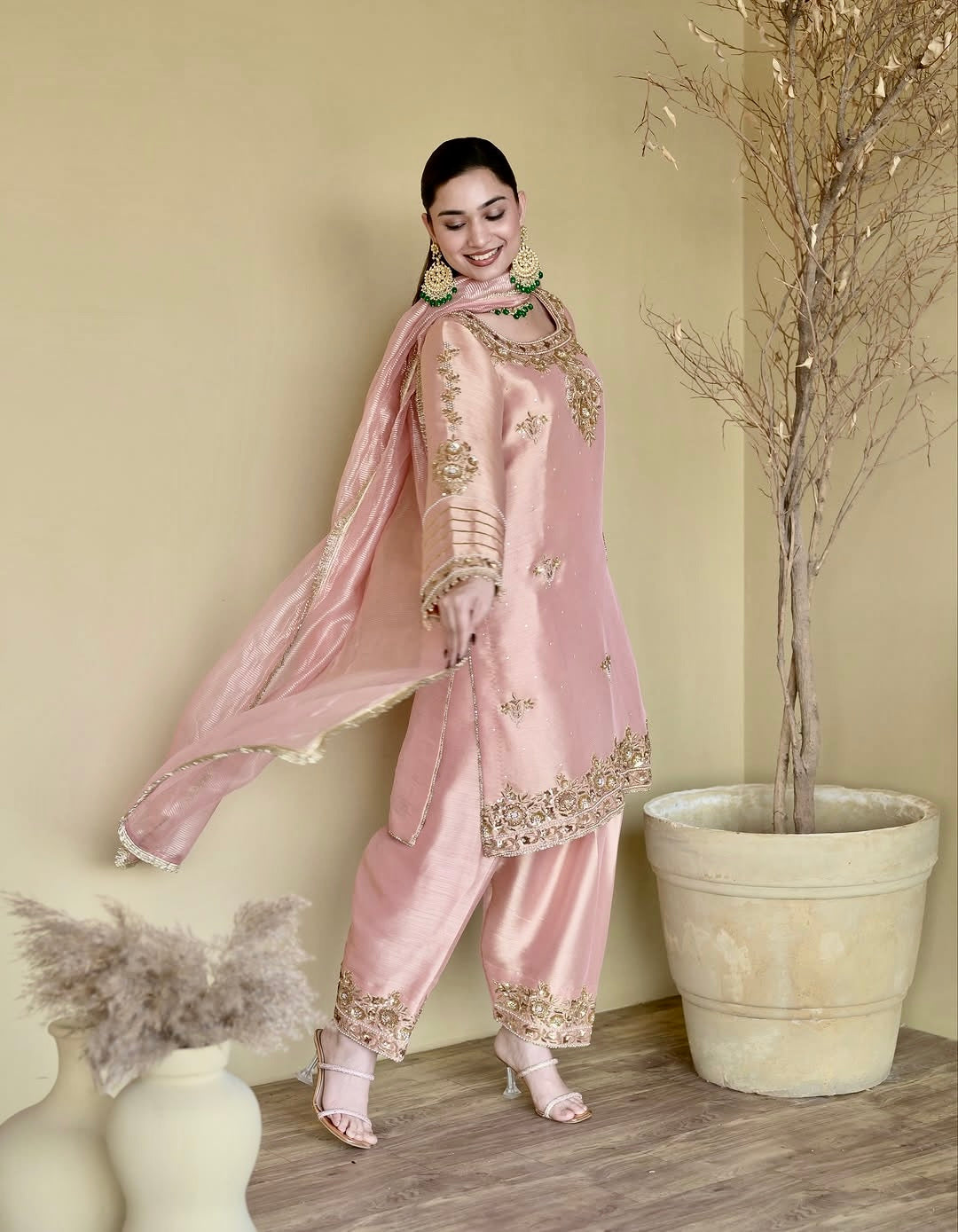 Designer Heavy Natural Silk Embroidered Top Plazzo Suit Set with Dupatta