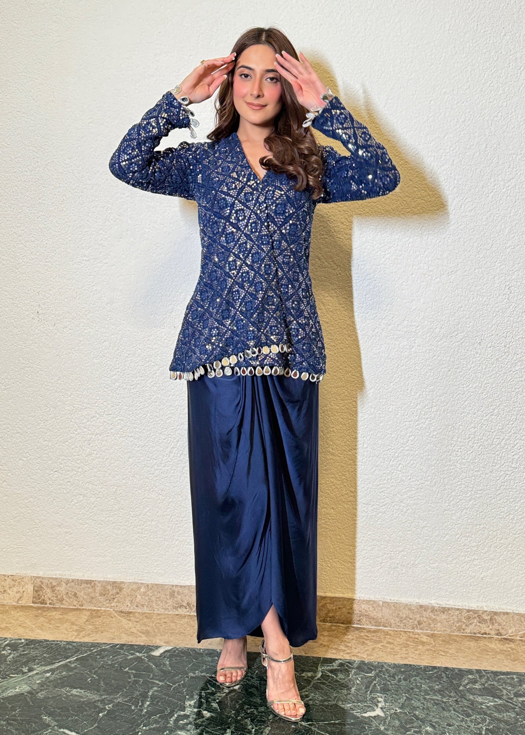 "Elegant Chinon Silk Jacket Dhoti Skirt Set with thread embroidery and mirror lace"
