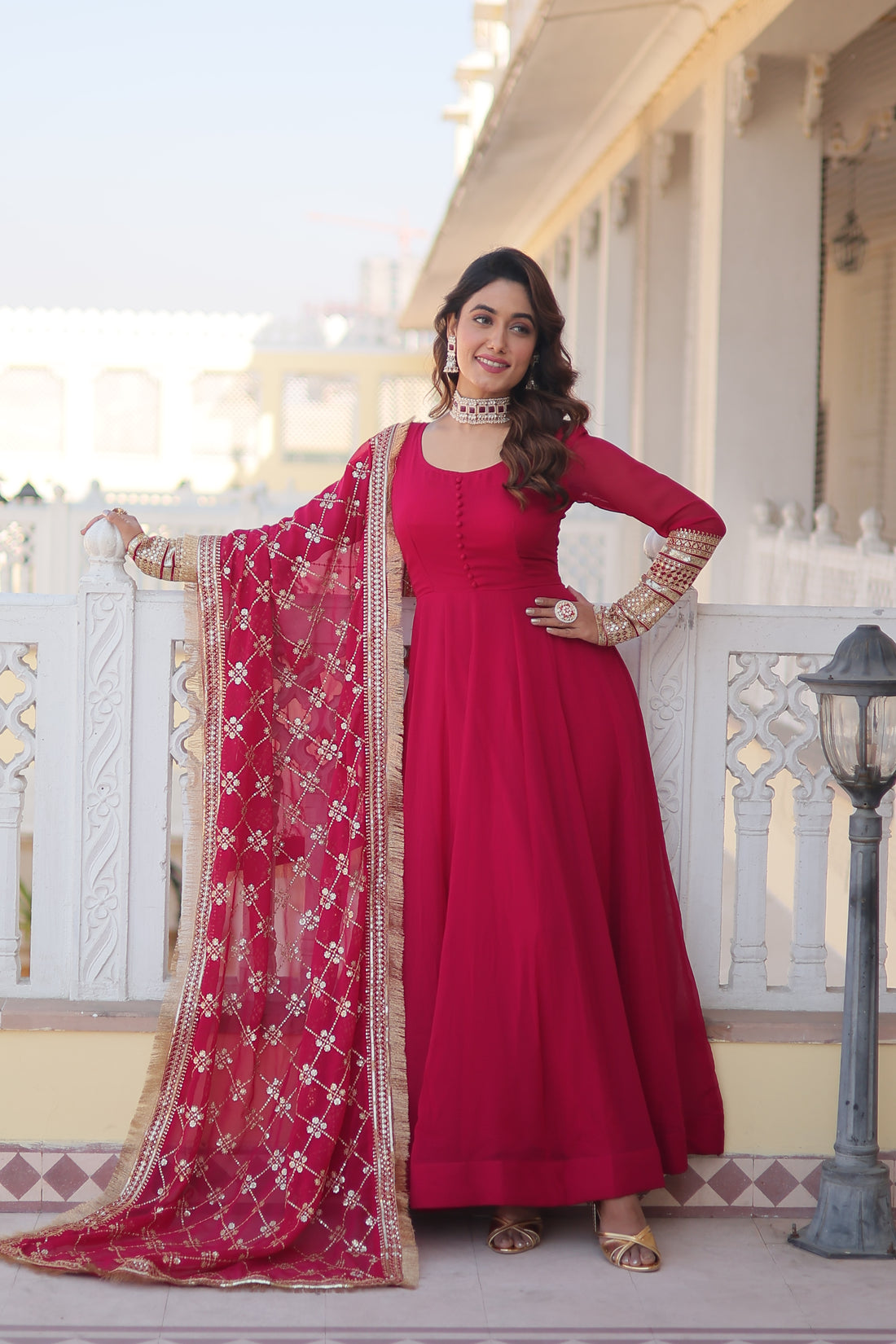 Sequins Embroidered Faux Blooming Gown With Designer Dupatta