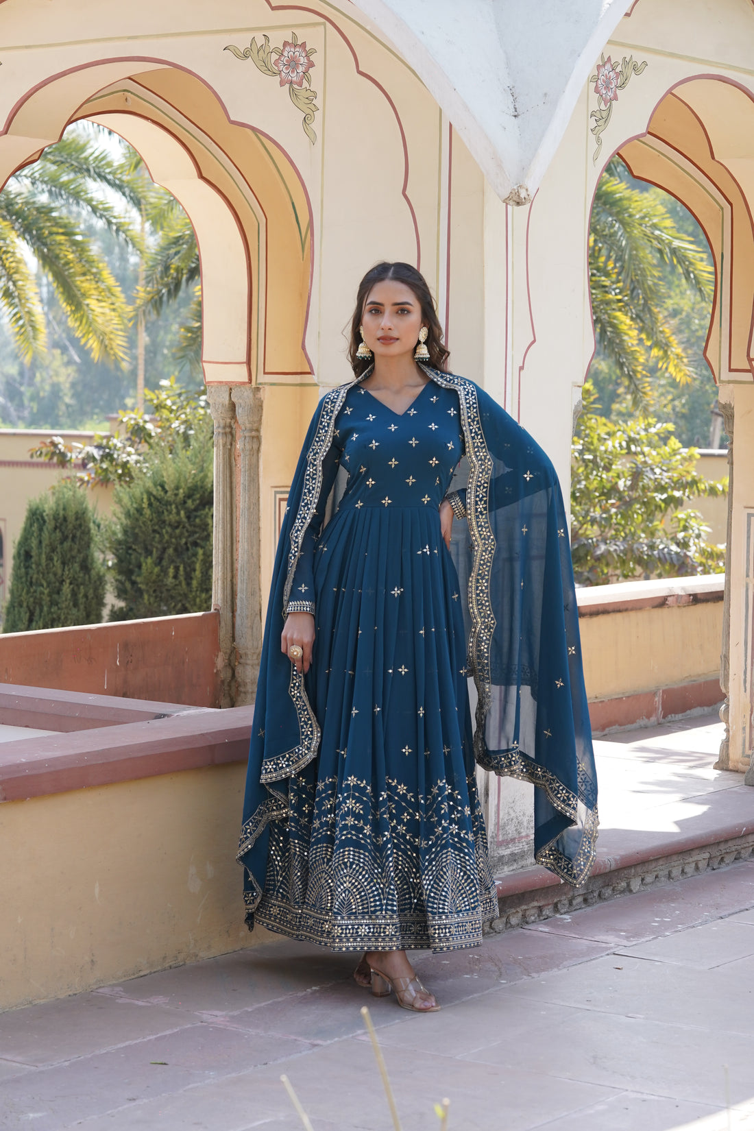 Arresting Zari Sequin Embroidered Faux Georgette Gown With Dupatta
