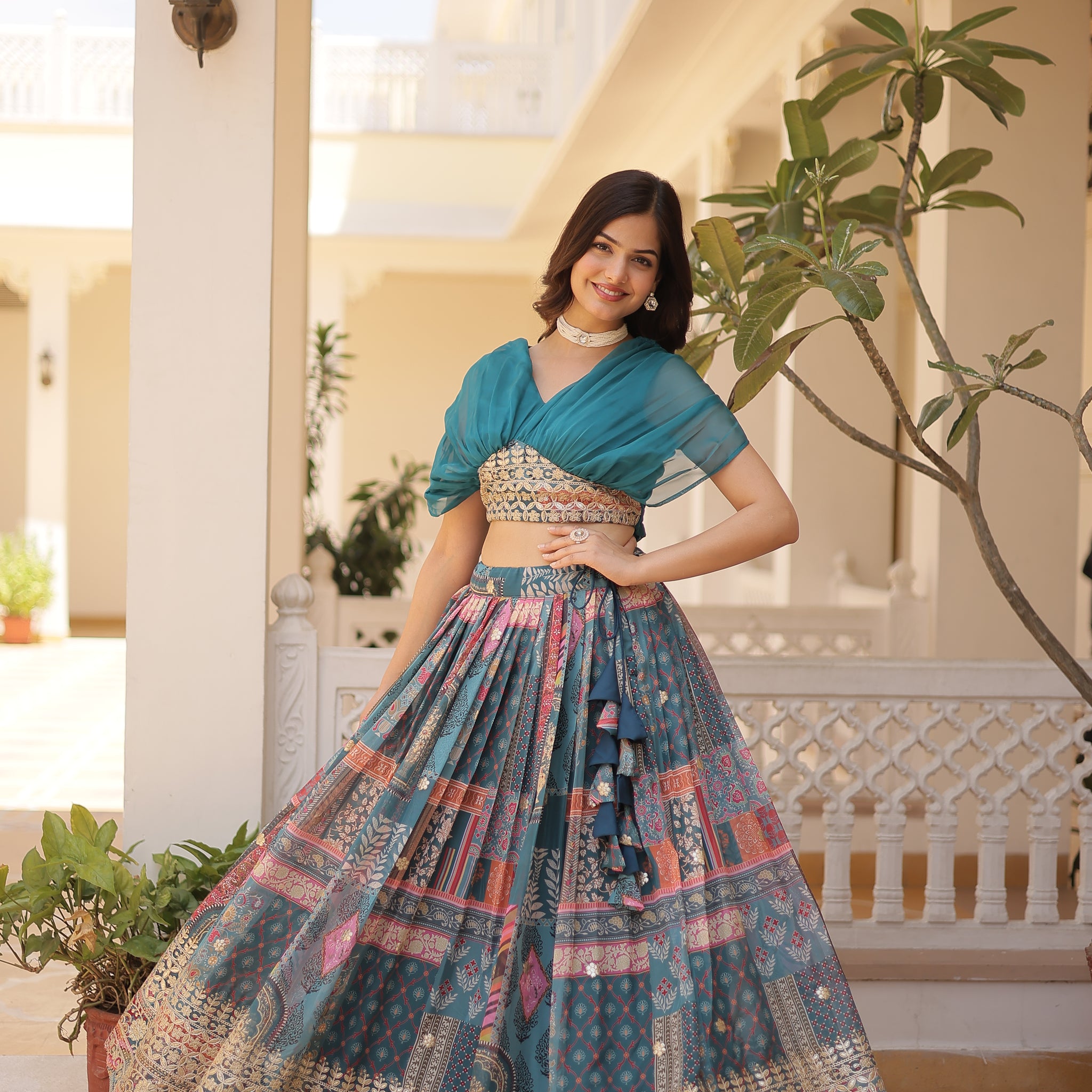 Gorgeously Russian Silk Indo Western Crop Top Lehenga Choli
