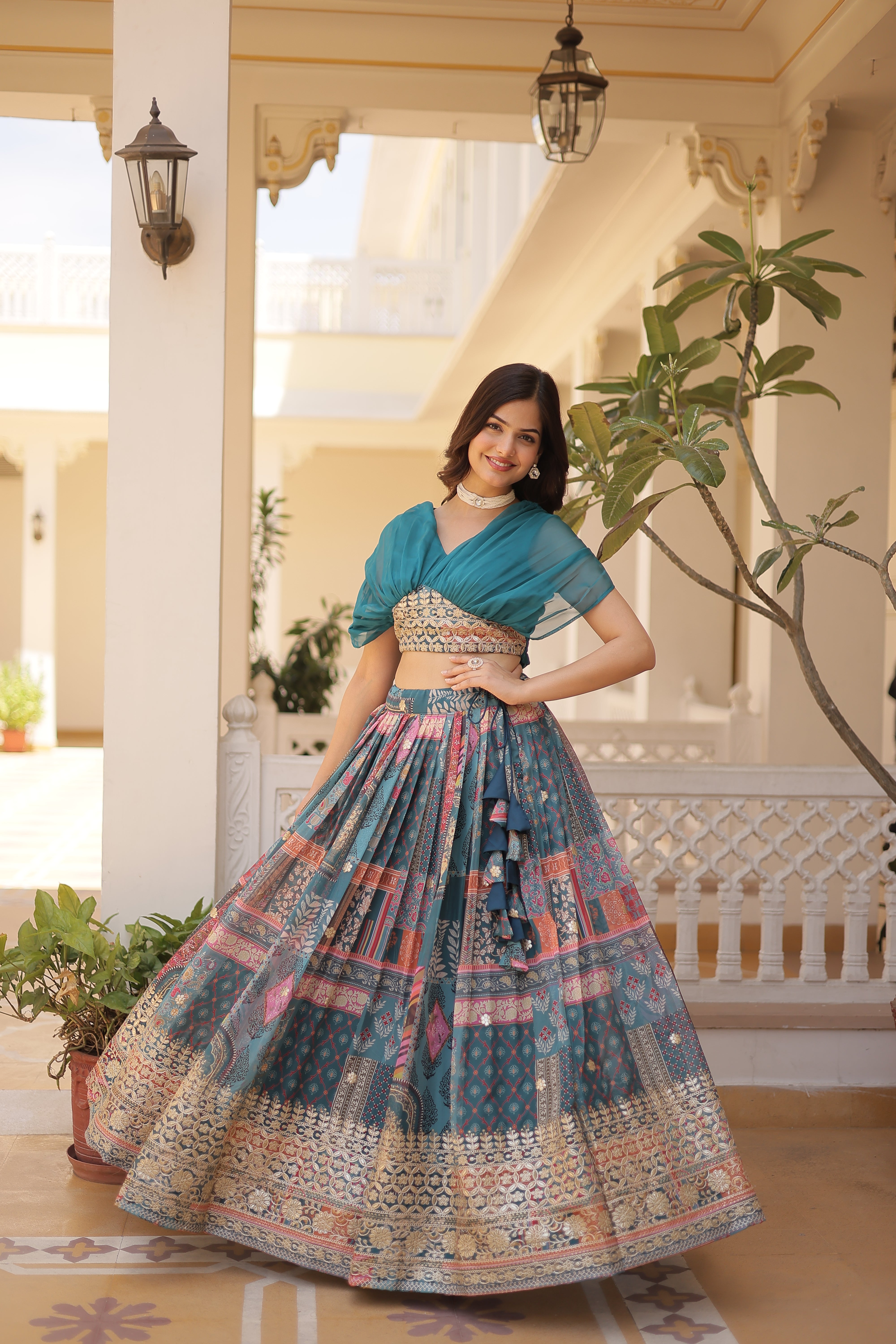 Gorgeously Russian Silk Indo Western Crop Top Lehenga Choli