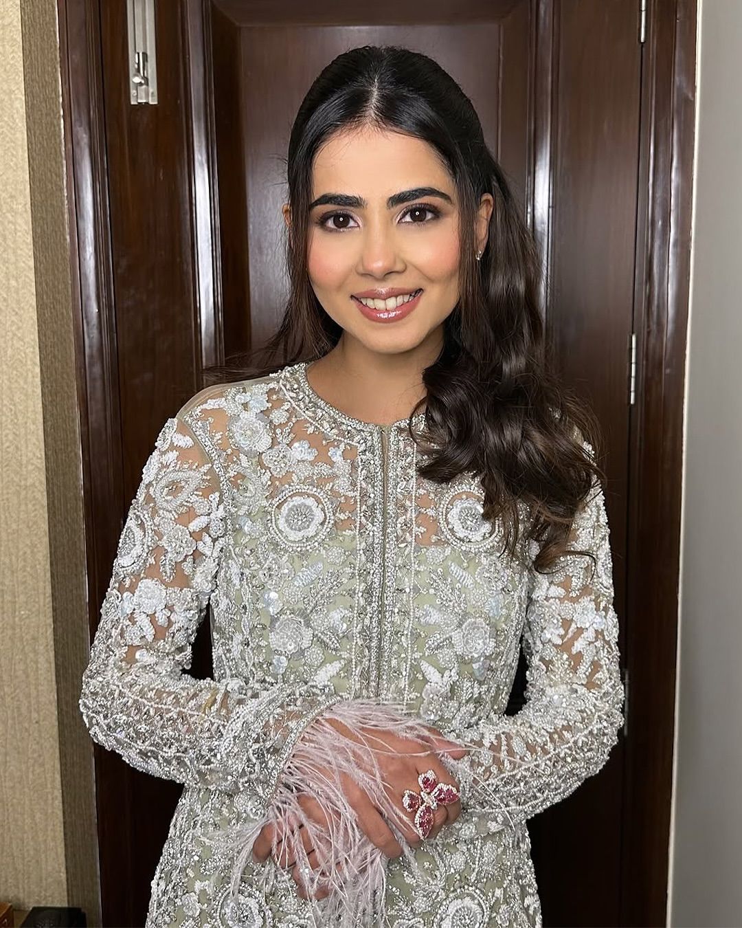 Close-up view of Designer Western Top with sequence embroidery, net embroidered belt, and intricate detailing on the fabric.