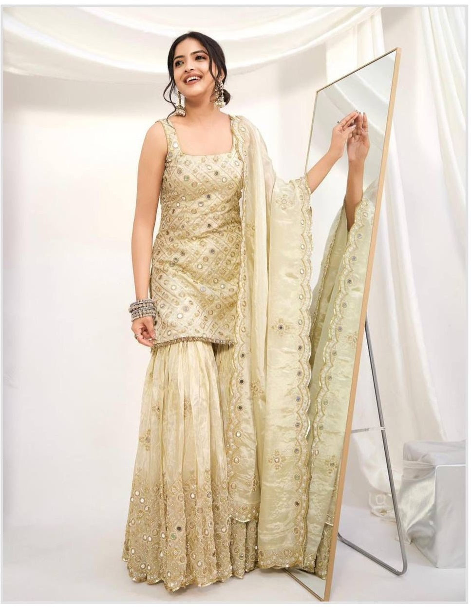 Elegant Cream Pearl Glow Designer Sharara Set