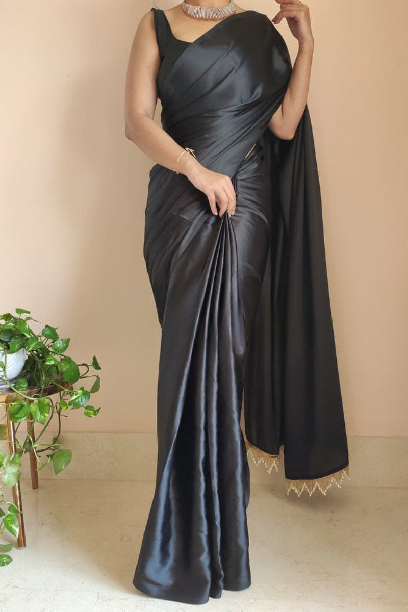 1-MIN READY TO WEAR Black Satin Silk Saree With Handmade Tassels On Pallu