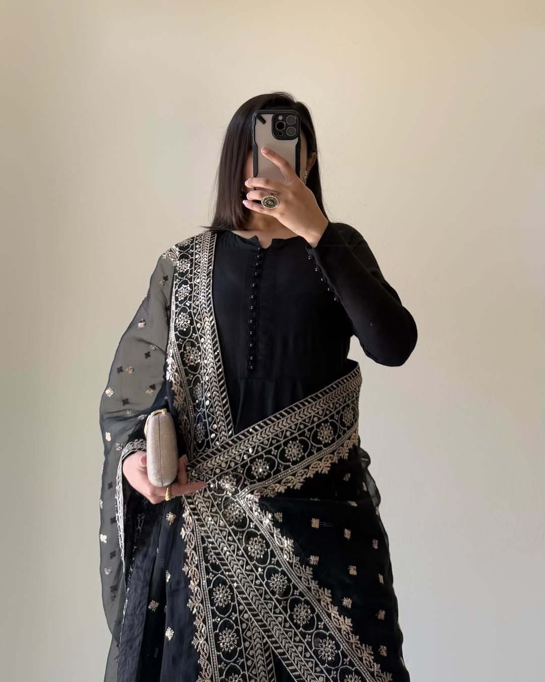 Close-up of kurta yoke showing potli button detailing on Faux Georgette fabric.