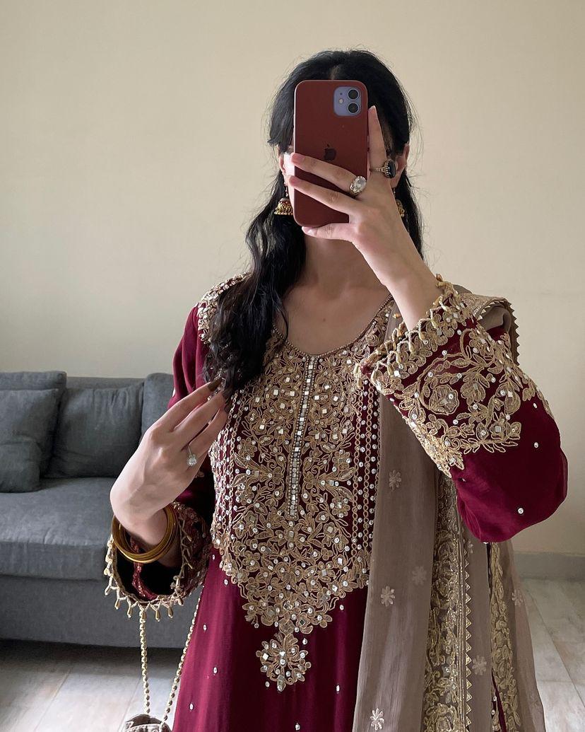 Georgette Embroidered Suit With Sharara