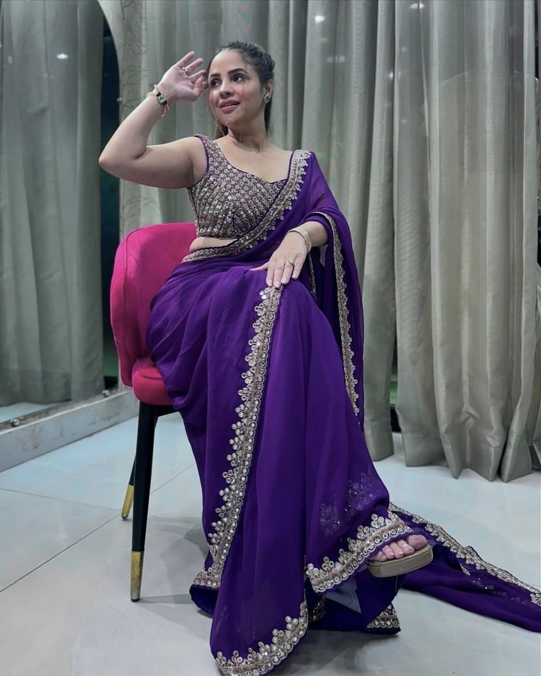 Purple Georgette  Sequence work & Fancy Lace Border Saree