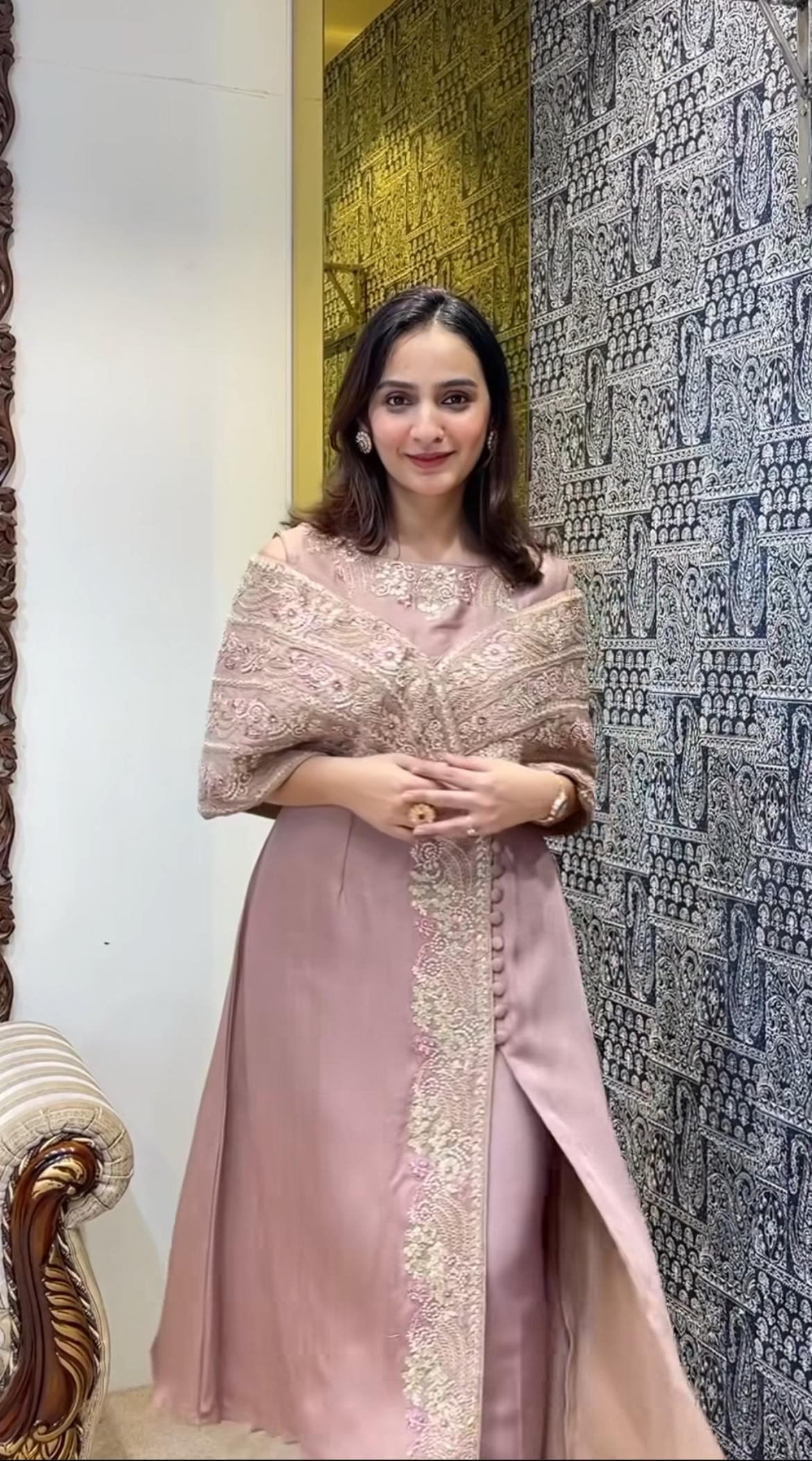 Premium Crepe  Silk  export Quality  off-shoulder gown paired with chic palazzo pants