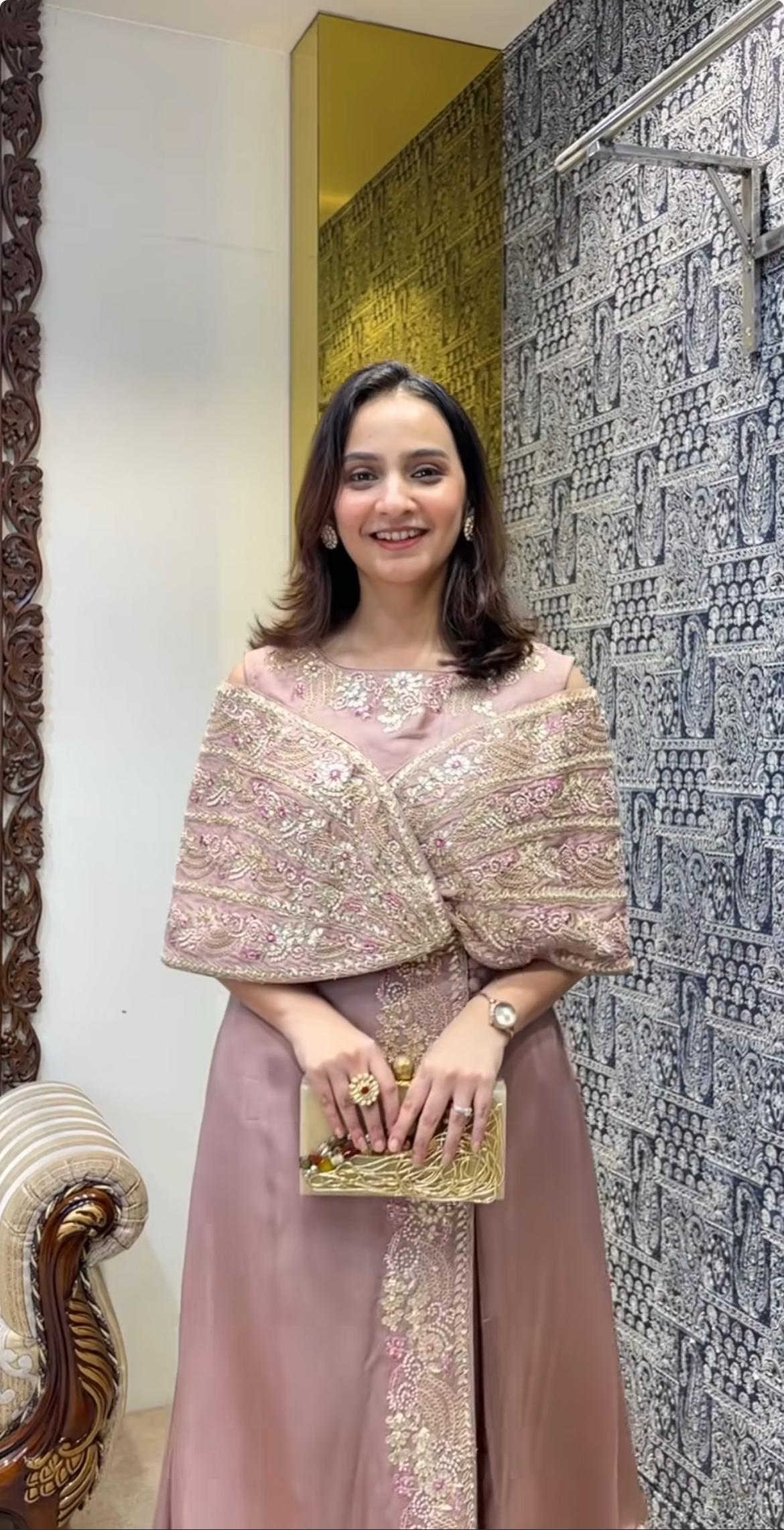 Premium Crepe  Silk  export Quality  off-shoulder gown paired with chic palazzo pants