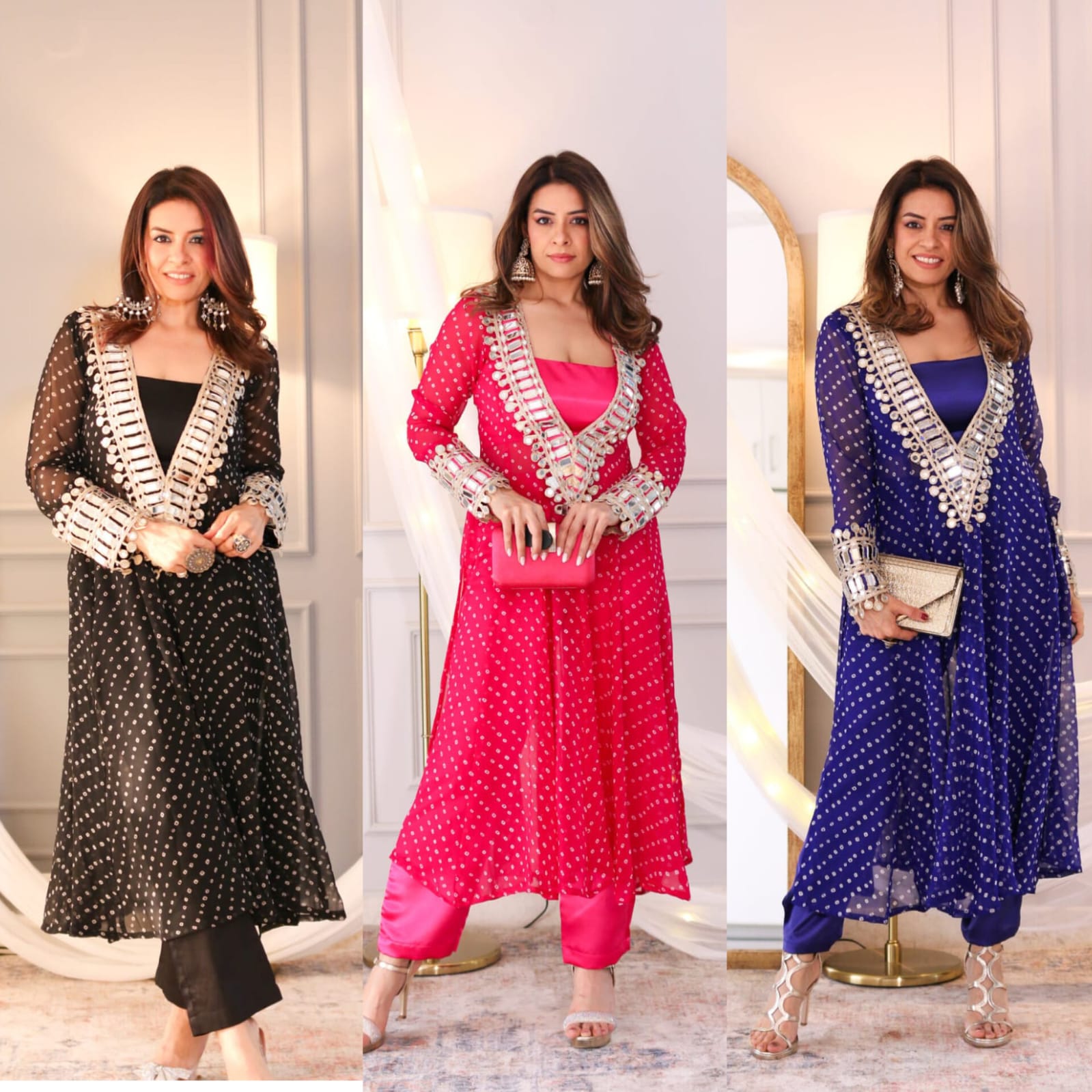 Front view of Anarkali-style georgette kurtis in black, navy blue, and red, each featuring elegant embroidery and a stylish side slit design.


