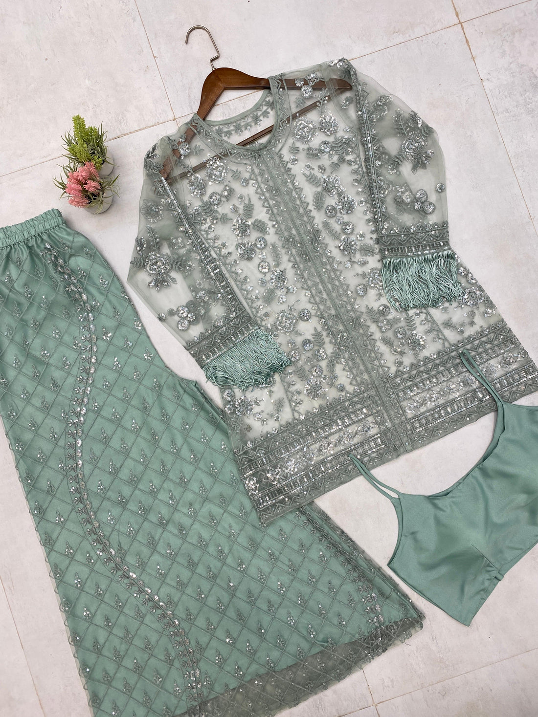 Capri Embroidered Semi Stitched Top With Plazzo For Women