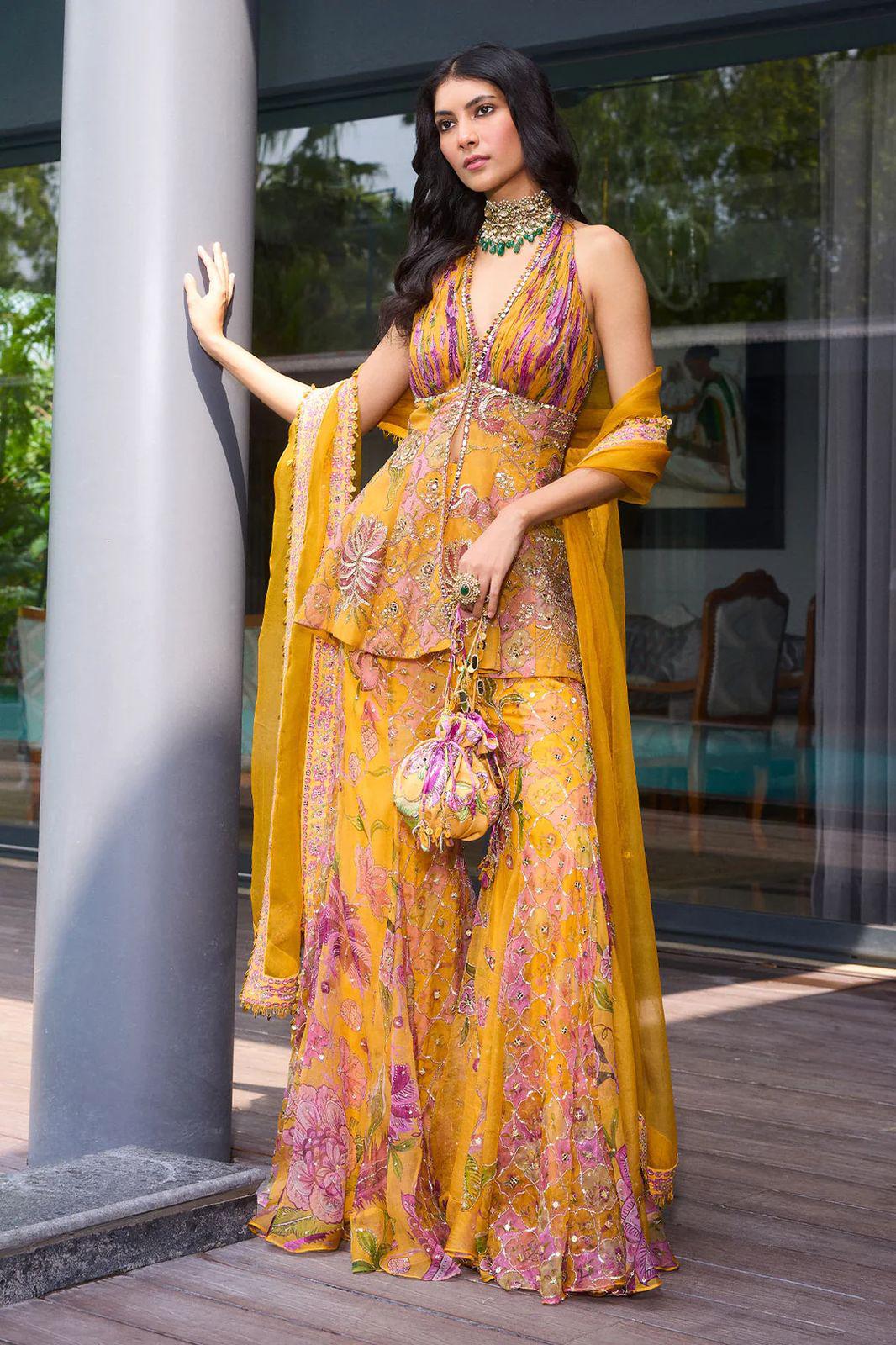Kesar Yellow Organza & Georgette Hand Embroidered Top, Sharara & Dupatta