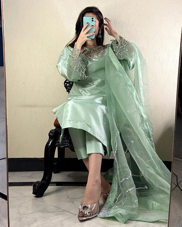 Pista Green Excluslve Three Piece Suit In Beads Work On Kurti ,Plain Pant With Organza Dupatta