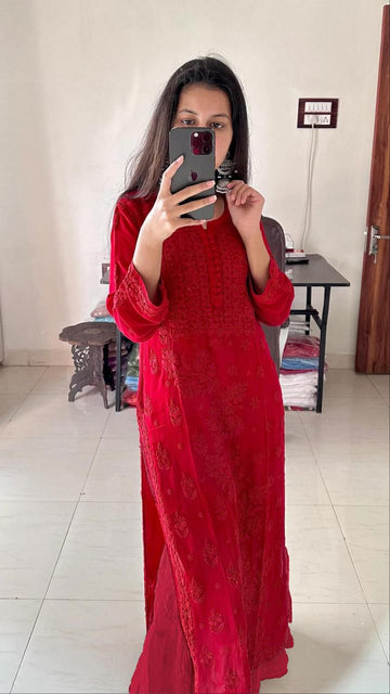 Chikankari Georgette  Elegance Red  Kurti With Dupatta
