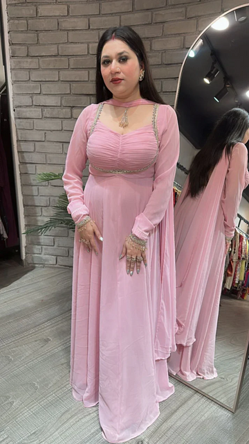 Baby Pink & Red Premium Anarkali Suit Set | Festive & Party Wear for Women