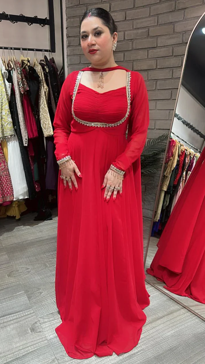 Baby Pink & Red Premium Anarkali Suit Set | Festive & Party Wear for Women