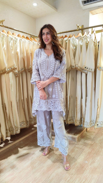 Cutwork Chikan Handcrafted Kurta Pant Set
