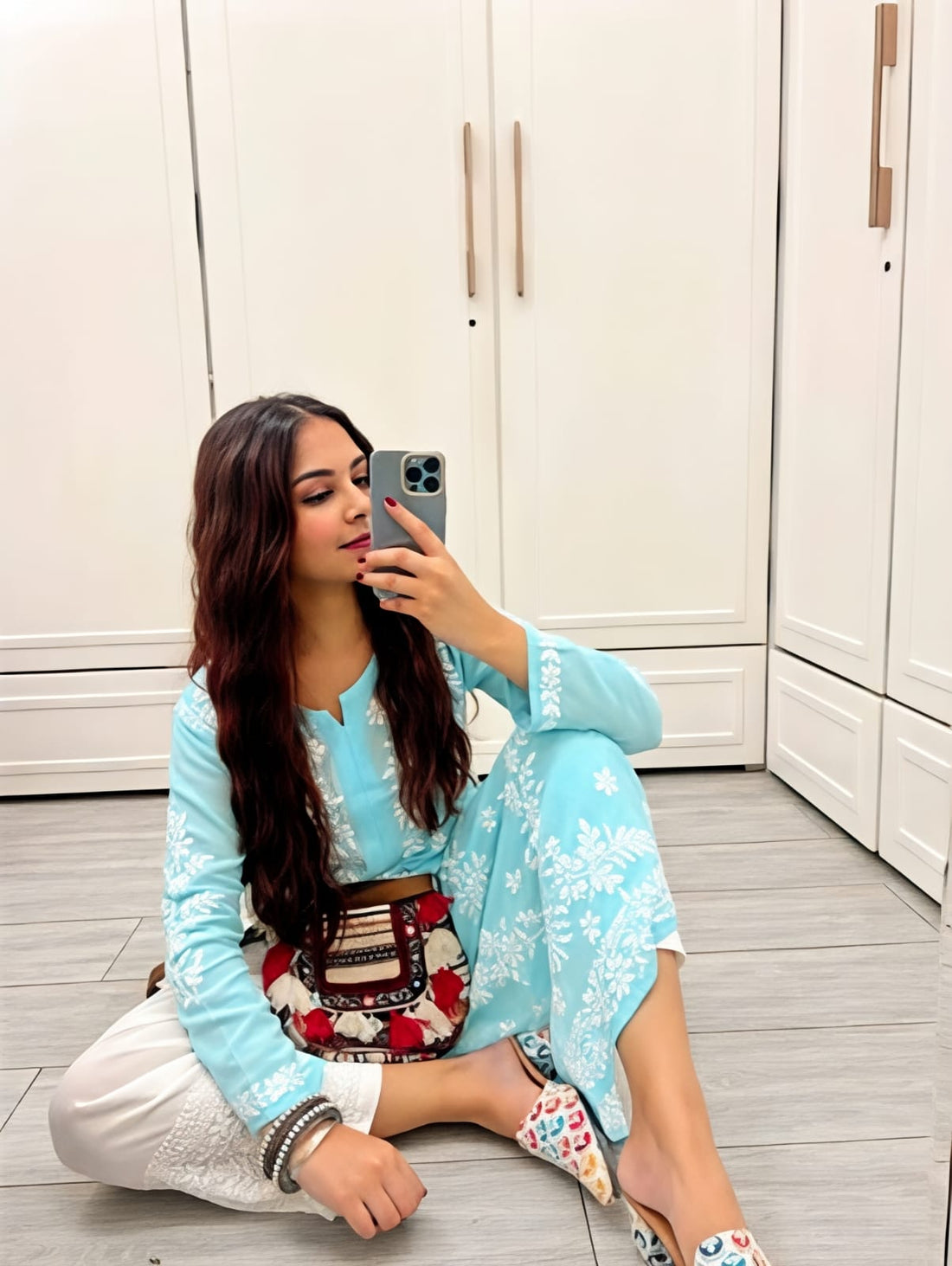Chic Sky Blue Ethnic Kurta with Minimal Floral Design