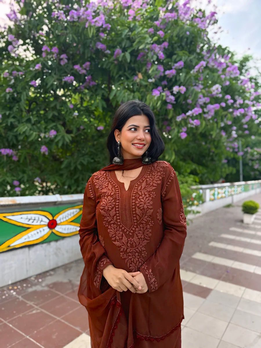 Premium Thread Work Faux Georgette Ethnic Wear Kurta Palazzo Set