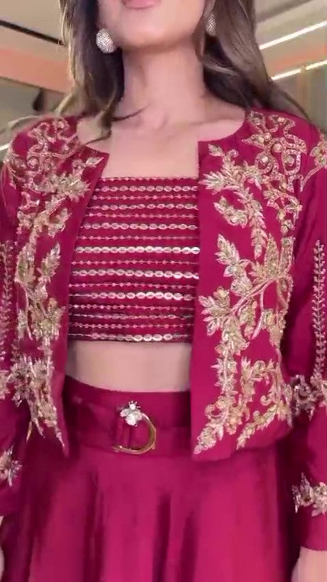 Stylish Three-Piece Lehenga Set with Embroidered Shrug