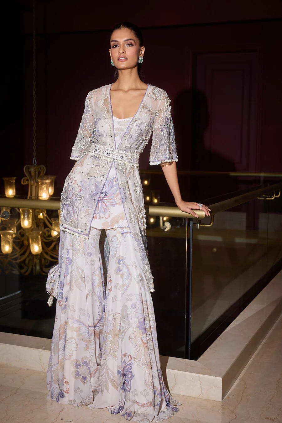 "Women’s designer Sharara set with embroidered jacket and belt for weddings"
