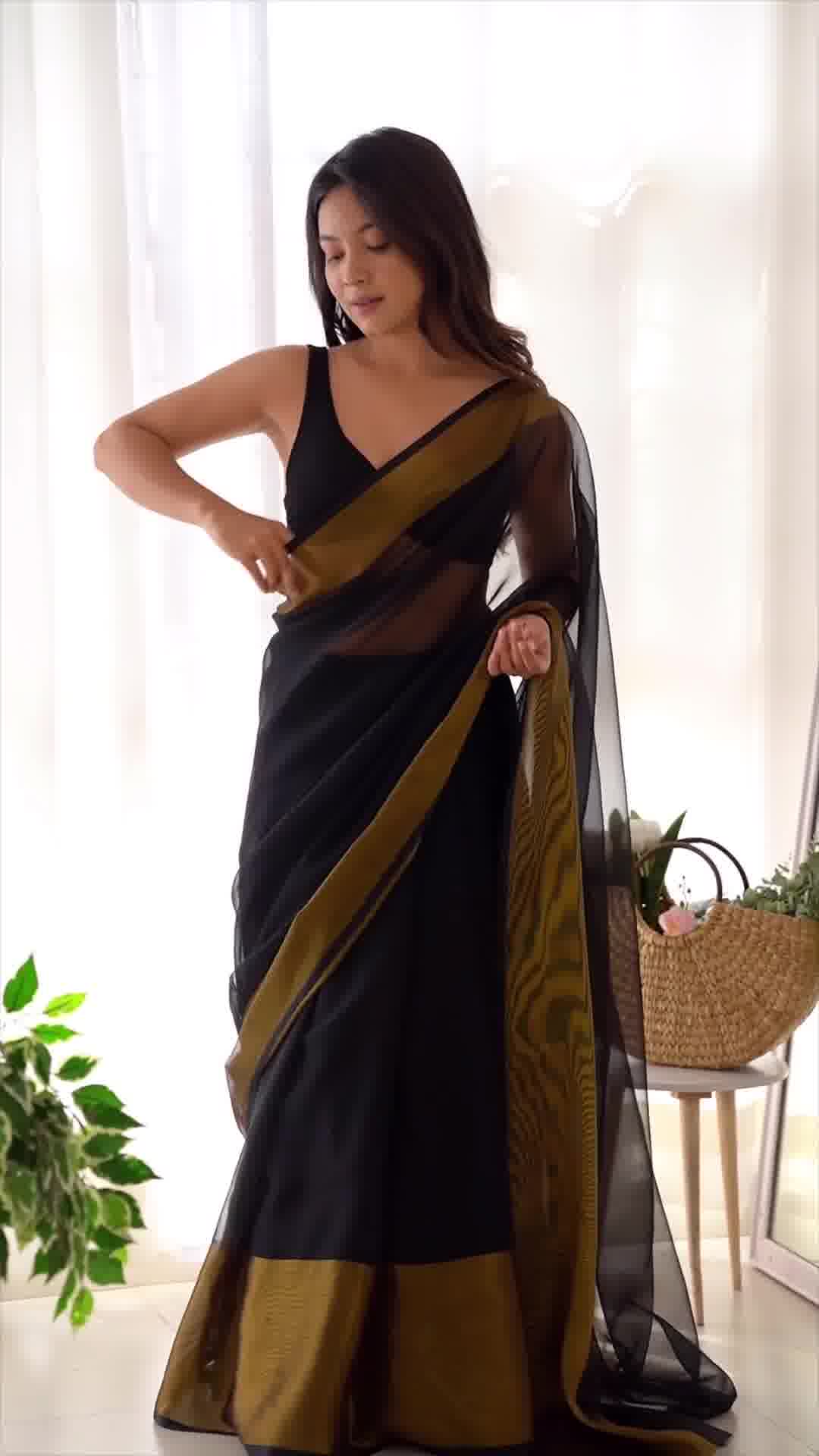 Black Chiffon Saree with zari patta